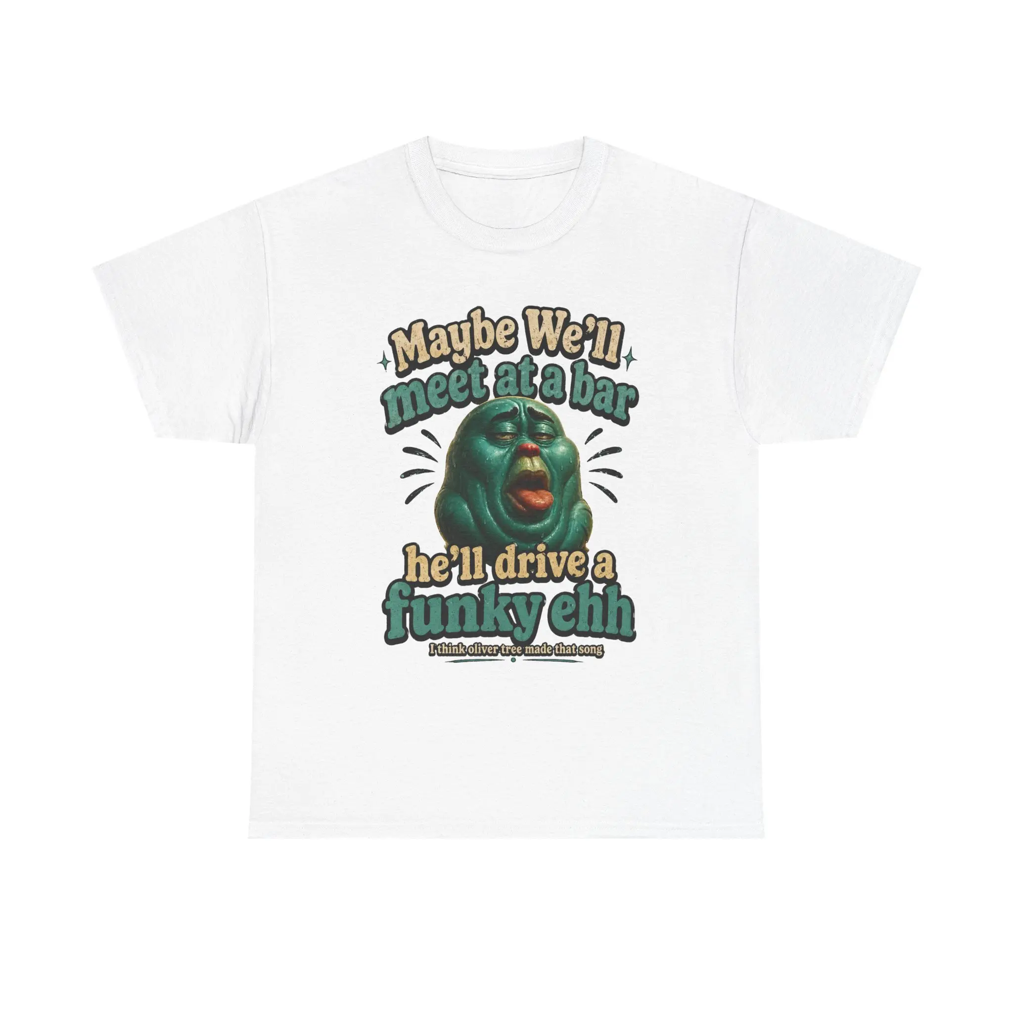 Maybe We'll Meet at a Bar graphic Tee | Funky Green Face illustration