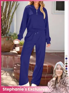 Pure Color Half-Zip Shoulder Pad Sporty Top Long Pants Set, Casual Loose-Fitting Short Upper Long Lower, Perfect for Spring Summer