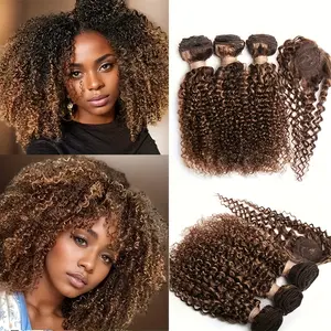 Wholesale Hot Sell 3 Bundles Brazilian Human Hair, Kinky Curly with Circle Closure, 110g-140g, Women'S Short Curly Hair Extensions, 3+1 Style