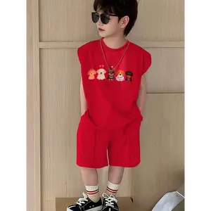 Boys Basketball Jersey Set - Breathable Shorts with Training & Competition Casual For Summer Outdoor. 2Cute Animal Print Boys' Sportswear Red Sleeveless Top  Design, Perfect for Outdoor Activities, Picnics,