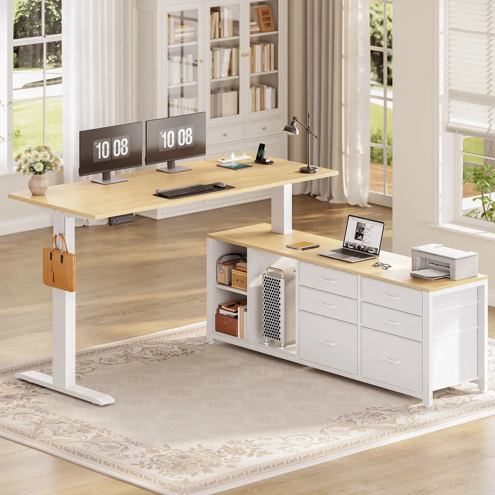 Sedeta L-Shaped Electric Standing Desk, 55"x55" Height-Adjustable Office Executive Desk with 6 Fabric Drawers, Storage Shelves, Power Outlet for Home Office, Adjustable Standing Desk Sedeta L-Shaped Electric Standing Desk, 55"x55" Height-Adjustable Office Executive Desk with 6 Fabric Drawers, Storage Shelves, Power Outlet for Home Office, Adjustable Standing Desk