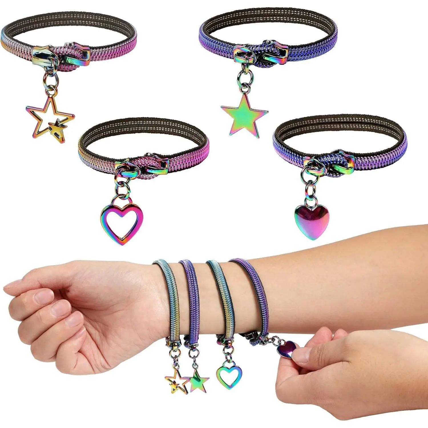 4 Pieces Fidget Bracelet Wearable Zipper Fidget Bracelet for Autism ADHD and Anxiety, Stress Relief Hand Sensory Bracelet for Teens,Party Favors