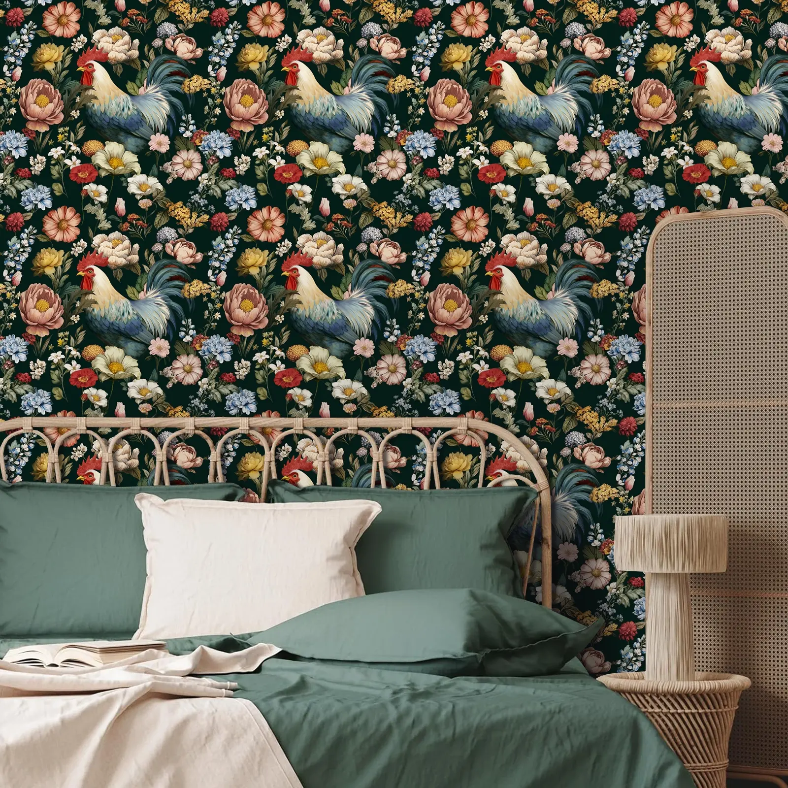 Self-Adhesive Wallpaper Roll with Multi-Colored Floral and Rooster Patterns, Waterproof Vinyl Material, Easy Peel and Stick, Home Decor Accessories