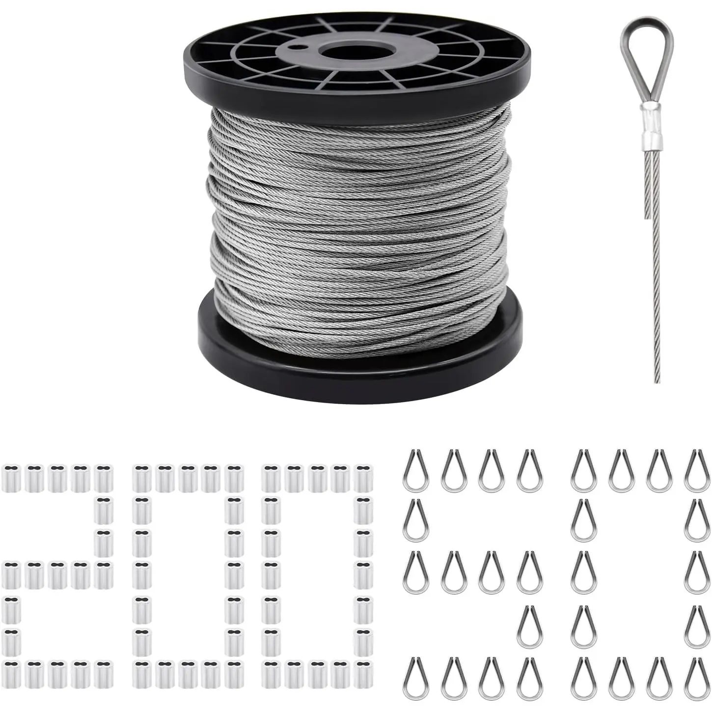 328ft Wire Rope, 1/16" Stainless Steel Wire Rope  with  Crimping Sleeves and Stainless Steel Thimbles for Railing, Decking, Picture, Rope Accessories, Wire Rope Crimping Tools