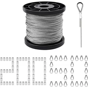 328ft Wire Rope, 1/16" Stainless Steel Wire Rope  with  Crimping Sleeves and Stainless Steel Thimbles for Railing, Decking, Picture
