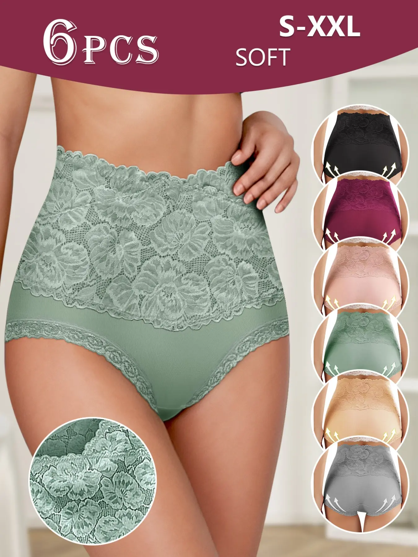 6-Pack High-Waisted Panties That Don't Roll Down, Elegant Floral Boho Underwear, Slim-Fitting All-Seasons Comfort, Pure Bliss!