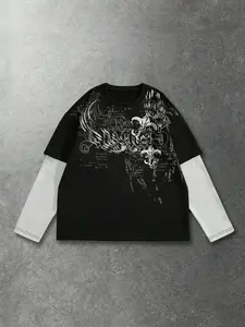 Unisex Trendy Dark Vintage Street Style Faux Two-Piece T-Shirt, Patchwork Sleeves, Geometric Print, Casual Fit, Spring Fall