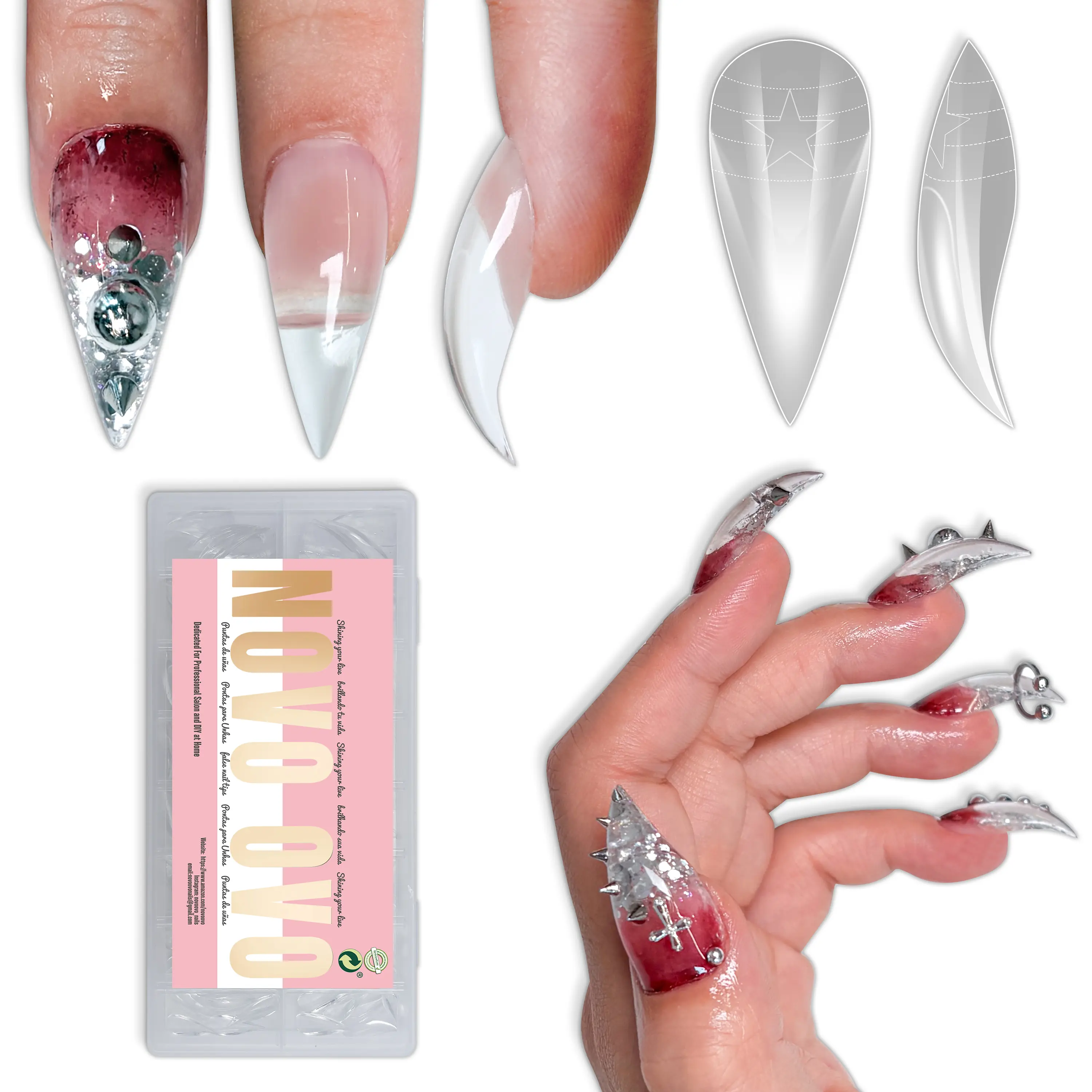 NOVO OVO 3D Cat Claw Nail Tips, 128Pcs Short Curved Stiletto Press on Nails with Built-in APEX, PMMA Full Cover Eagle False Nails for Halloween Cosplay & Salon Extension, 16 Sizes