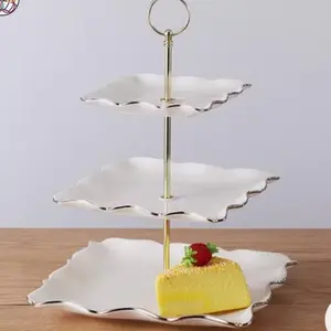 Dessert Stand Ceramic 3 Tier with Elegant Gold Trim and Scalloped Edges for Serving Cakes and Pastries