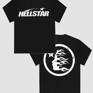 Hell Star Graphic T-Shirt, 100% Cotton Double Sided Print Crew Neck Short Sleeve Tee, Casual Streetwear for Men Spring Summer Daily Wear