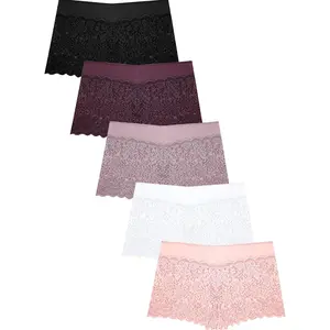 Womens Underwear Lace Boy Shorts Breathable Panties Stretch Cotton Waistband Underwear Women 5 Pack