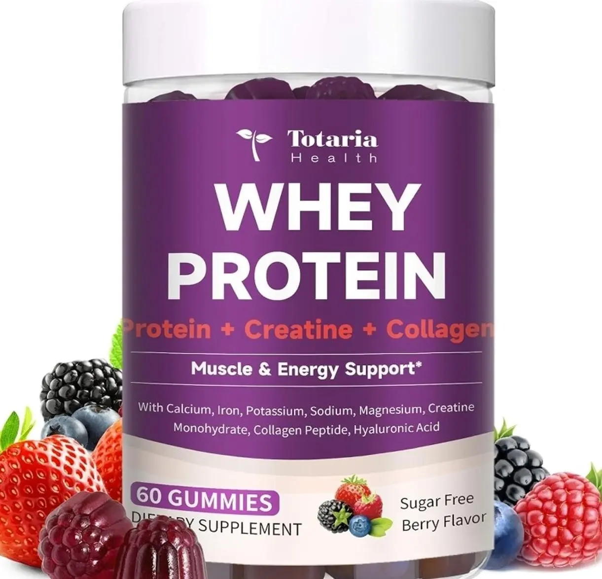 3 in 1 Whey Protein Gummies | Creatine Monohydrate | Collagen, 0 Sugar, Pure Protein Source, Muscle & Energy Support, Berry Flavor, for Women and Men