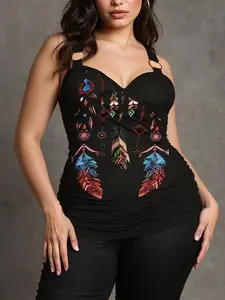 Plus Size Feather Print Halter Top, Butterfly Lace Back Design, Boho Style, Feather Print, Tiktok Trendy, Perfect for Dates