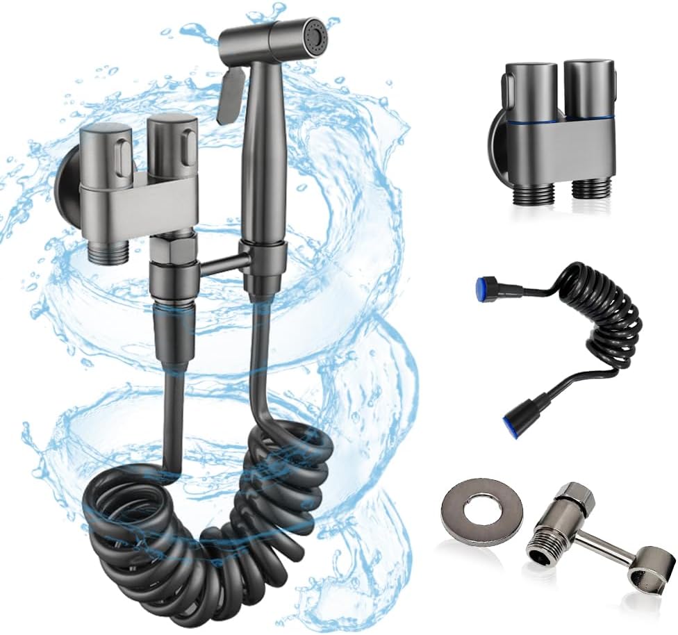 Generic Toilet Faucet Splitter 2-Way Double Faucet Adapter, 1-in-2-Out Dual Control Valve Handheld Bidet Sprayer, Stainless Steel & Brass, Black, Bathroom Accessory