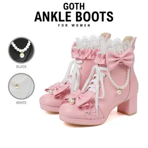 Ankle Boots For Women Platform Boot Round Toe Chunky Block High Heel Lace Up Bows Pearl Chain Back Zipper Cosplay Punk Party Date Dress Cute Sweet Trendy Booties