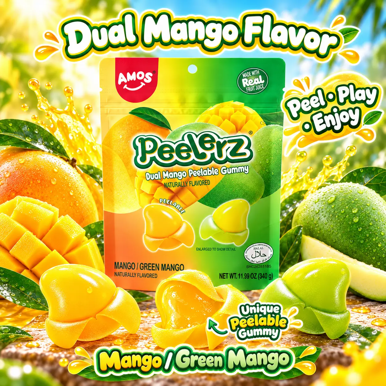 AMOS Peelerz Dual Mango Peelable Gummy Candy, Mango & Green Mango Flavors, Made with Real Fruit Juice, Soft & Chewy, 11.99 oz