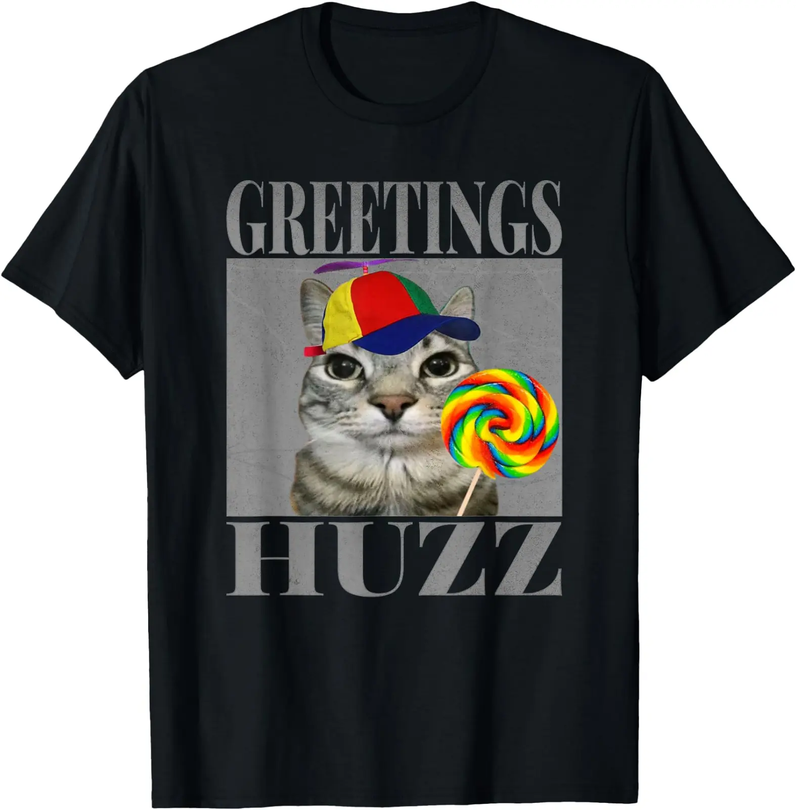 Graphic T-Shirt with Funny Huzz Cat Meme, Casual Unisex Cotton Design with Short Sleeves, Round Neck, and Straight Hem, Shortsleeve