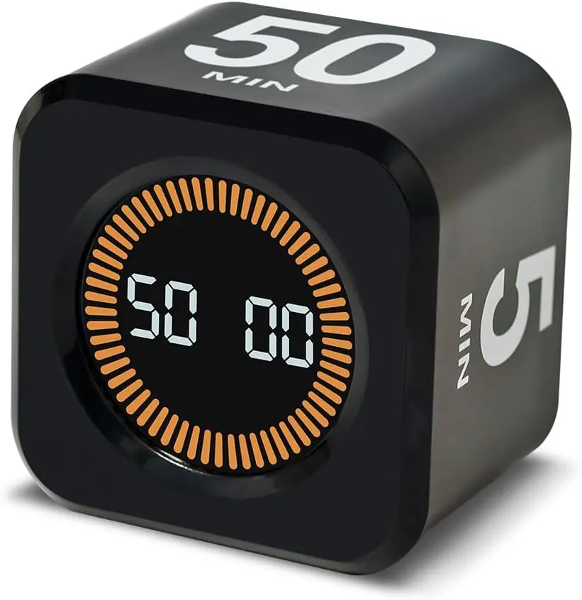Black Rechargeable Visual Rotating Sensor Digital Timer - 5/10/25/50 Min Presets, Custom Countdown Time, Mute/Sound Options, Desk Cube Timer for Work & Time Management, Kitchen Gadget, Rotating Sensor Timer