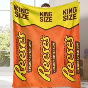 Peanut Butter Cup Inspired Flannel Blanket Retro Candy Wrapper Print Soft Warm Cozy Throw for Sofa Bedroom Office Movie Night Gift Decor summerwins, Lightweight Flannel Blanket, Soft Breathable Blanket