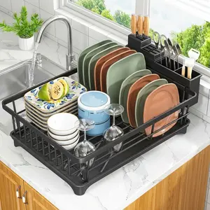 Compact Dish Drying Rack with Utensil Holder Rust Resistant Kitchen Counter Dish Drainer for Plates Bowls Cups and Cutlery Space Saving Metal Dish Rack Organizer for Small Kitchens Apartments RV Dorm and Home Use Black