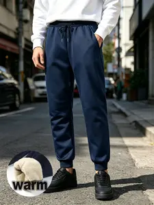 Men's Fall Winter Fleece Lined Casual Sports Pants, Thick Elastic Waist Drawstring Cuffed, Ideal for Daily Commute and Leisure
