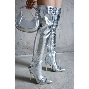 Pofin-2 Metallic Thigh High Pointy Toe Boots - Silver