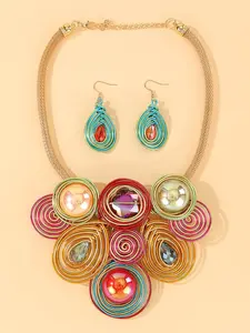 2pcs/set Fashion colored bead handmade aluminum wire neck collar necklace earring set, party carnival wedding holiday clothing accessories, fashionable jewelry set