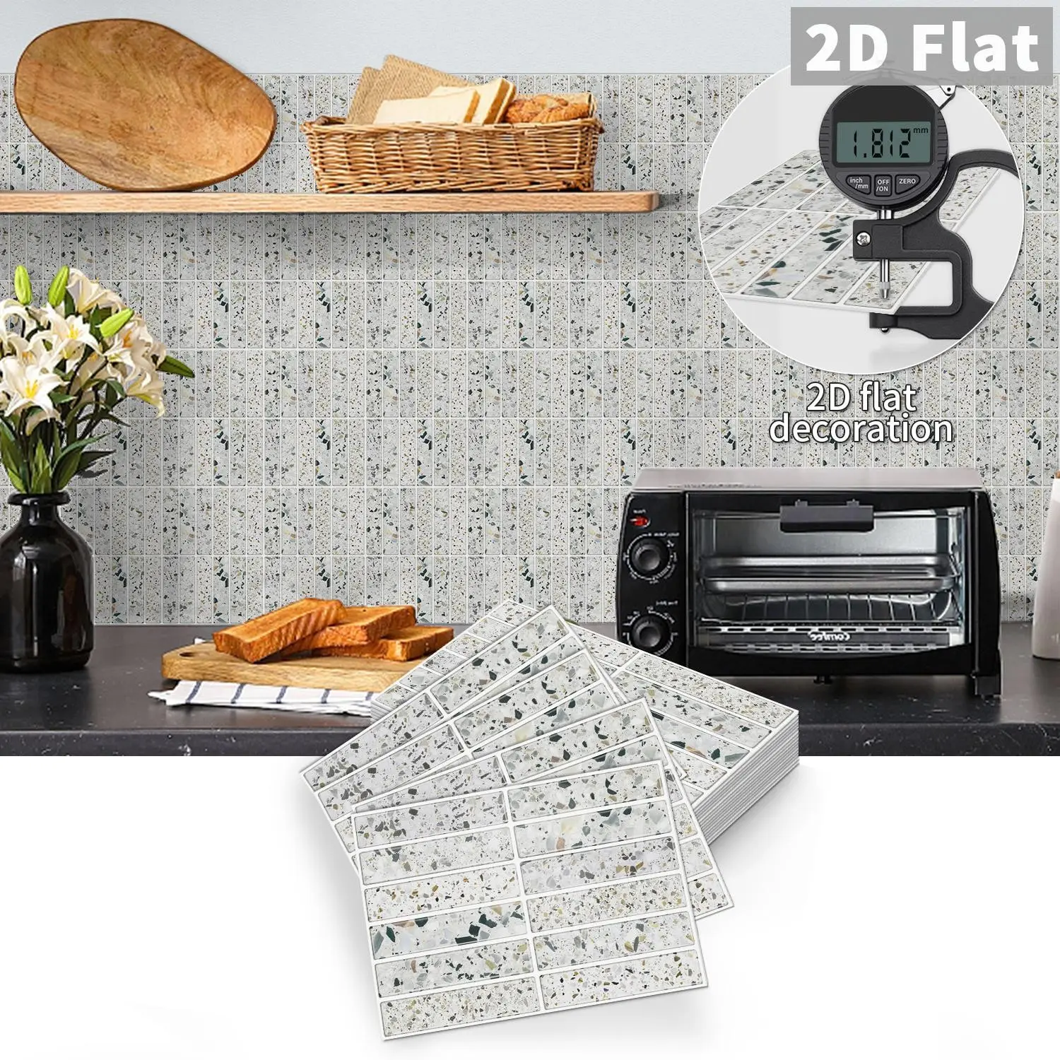 10 PCS/Box Long Strip Colorful Terrazzo Tile Stickers | PE Crystal Foam Peel and Stick Backsplash, Waterproof Oil-Proof Anti-Collision Wall Decor for Kitchen Bathroom