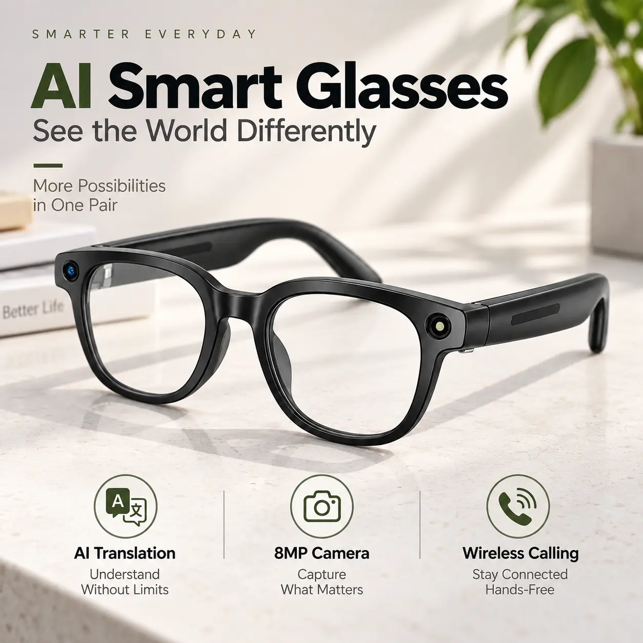 AI Smart Glasses with Camera, 8MP HD Video Recording Glasses with Real-Time Translation, Voice Assistant & Wireless Connectivity for Travel, Meetings & Vlogging