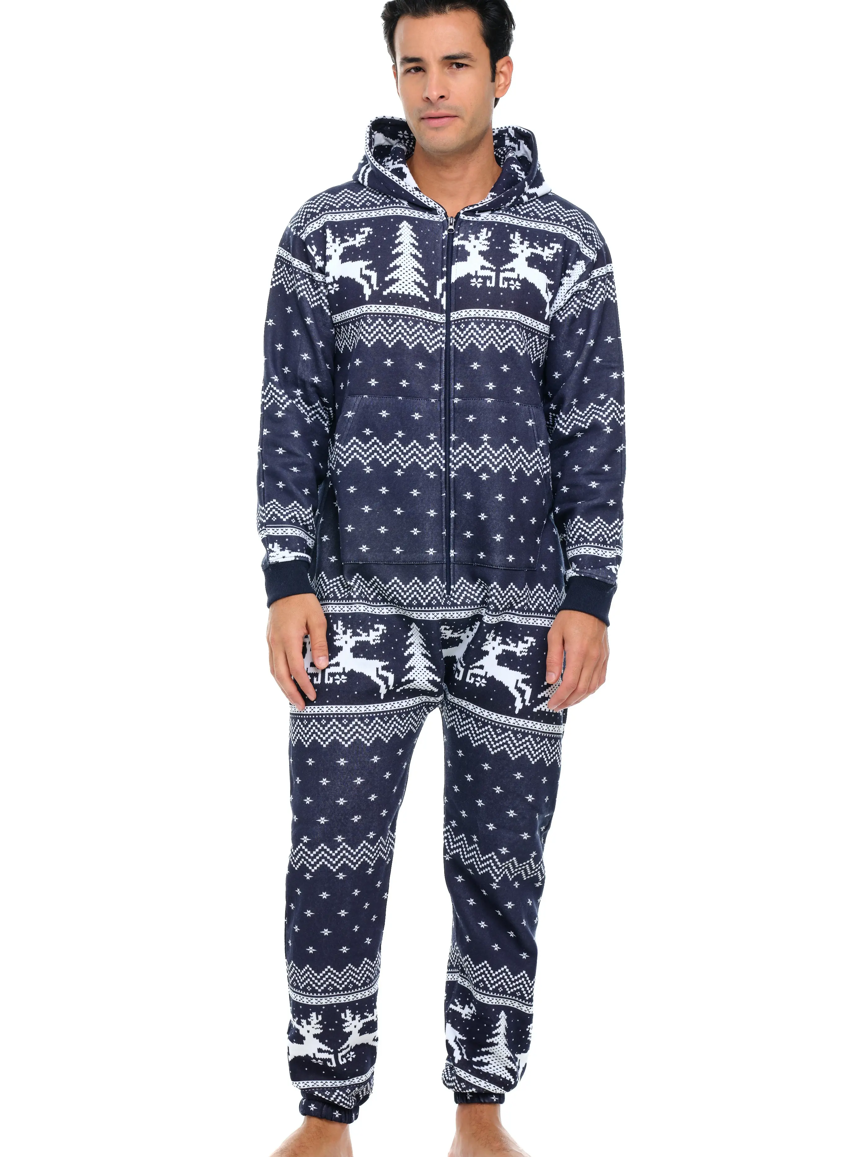 SKYLINEWEARS Men's Xmas Adult Onesie Hooded Jumpsuit with Kangaroo & Zipper Pockets Machine Washable Pajama Playsuit Comfortable Elastic Bottom Ribbed Cuffs Stylish Loungewear