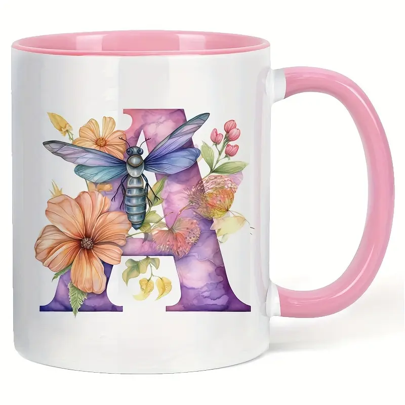 Light Pink Monogram Coffee Mug with Floral & Dragonfly Design - White Ceramic Tea Cup, Gift with Initial Letter F, Perfect for Office & Home Use, Home Tea Cup |   Floral Mug Design |   Ceramic Coffee Mug, Coffee Cup