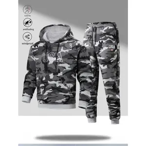 Men's Camouflage Hoodie Set Outdoor Casual Style with Adjustable Drawstring, Fits Snugly Around the Head. Top and Pants from the Same Series Feature Matching Camouflage Patterns. USA Letter Print Adds Trendy Style. Large Pocket on the Jacket and Drawstrin