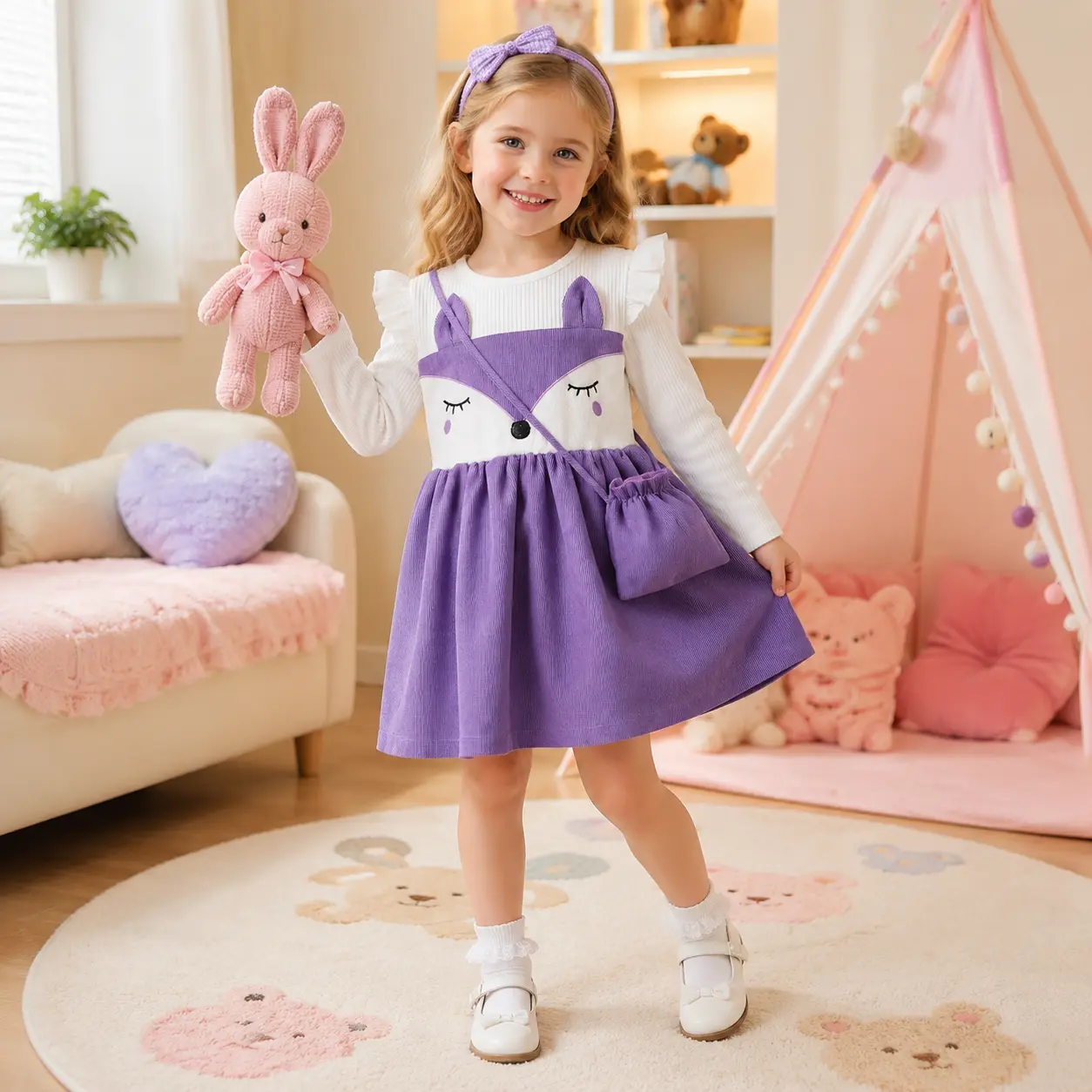 Cute Girls Fox Animal Theme Purple & White Dress with Matching Bag, Mock 2-Piece Long Sleeve Ruffle Shoulder Boutique Outfit for Kids 4-7 Years Old, Soft Ribbed & Corduroy Autumn Winter Clothes Set