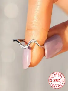 925 Sterling Silver Simple Wave Design Cuff Ring, Fashion Rhinestones Decor Rings for Women & Girls, Trendy All-match Jewelry for Birthday Gift