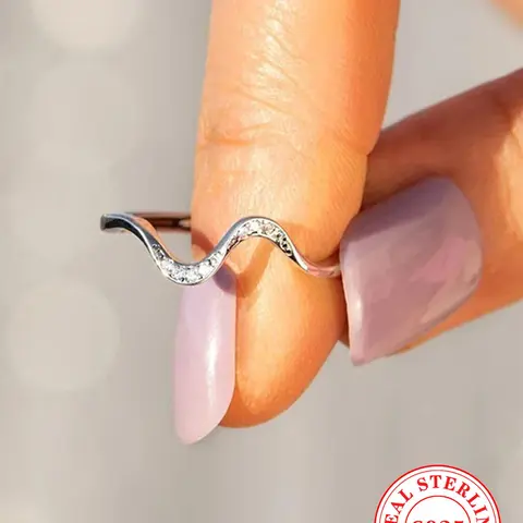 925 Sterling Silver Simple Wave Design Cuff Ring, Fashion Rhinestones Decor Rings for Women & Girls, Trendy All-match Jewelry for Birthday Gift