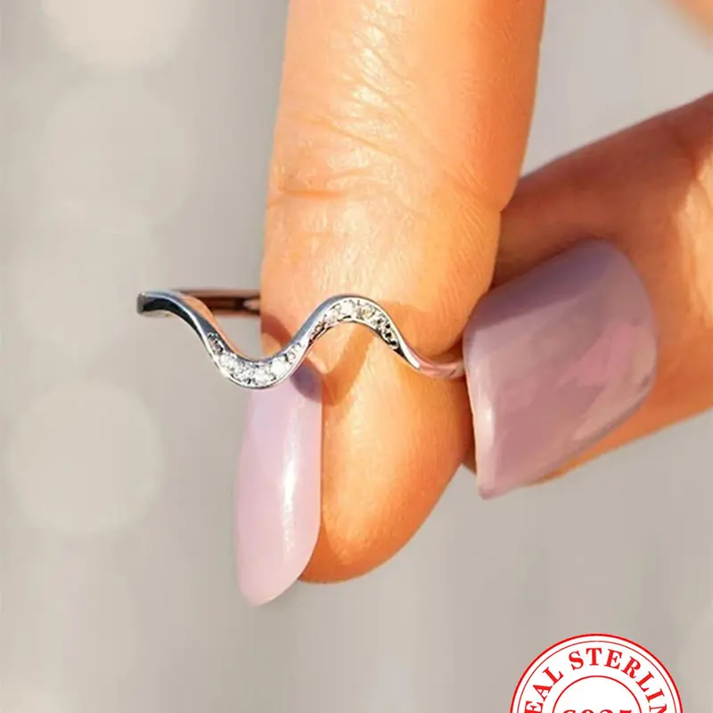 925 Sterling Silver Simple Wave Design Cuff Ring, Fashion Rhinestones Decor Rings for Women & Girls, Trendy All-match Jewelry for Birthday Gift