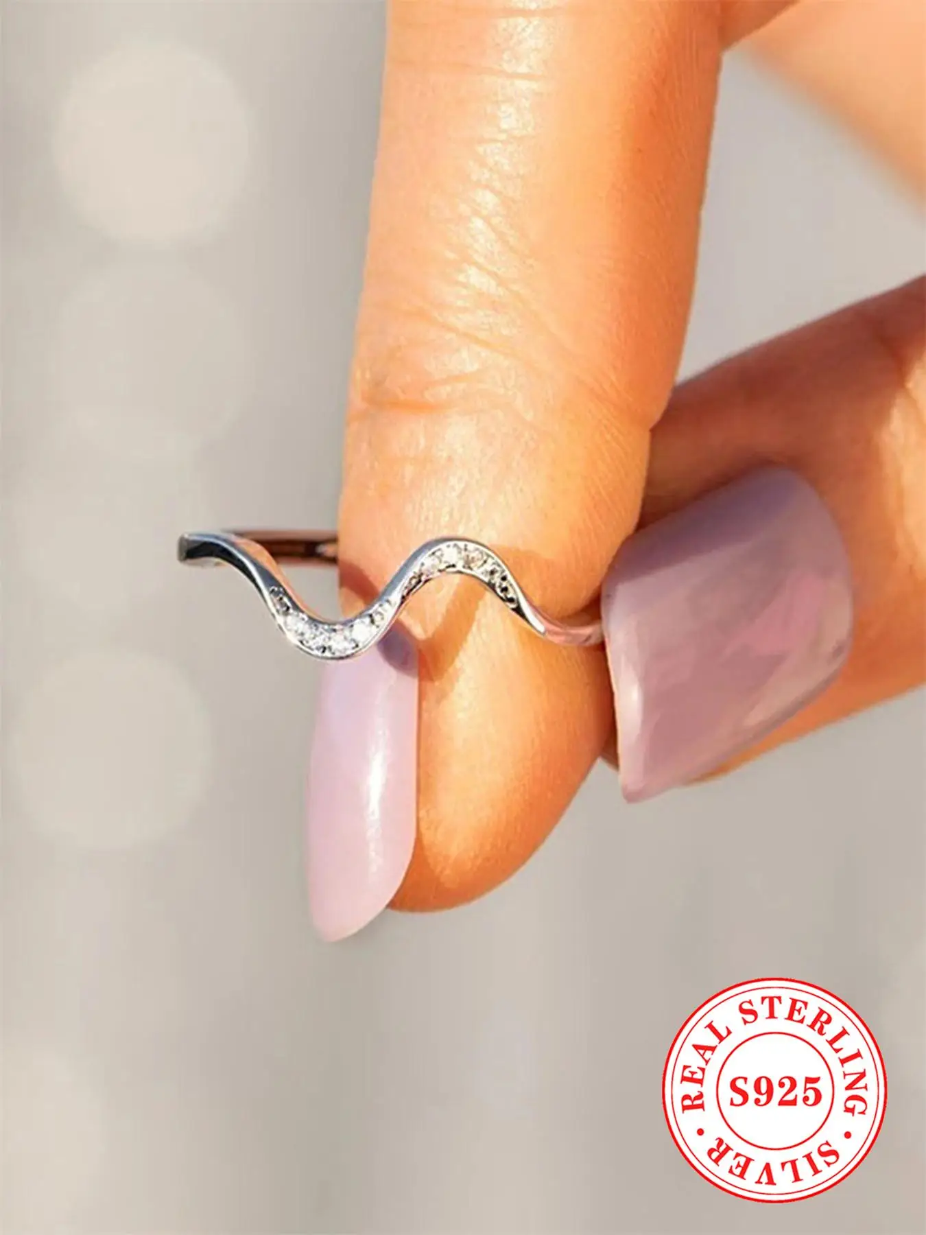 925 Sterling Silver Simple Wave Design Cuff Ring, Fashion Rhinestones Decor Rings for Women & Girls, Trendy All-match Jewelry for Birthday Gift