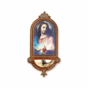Birch Wood Wall Mounted Holy Water Font with Image of the Sacred Heart of Jesus