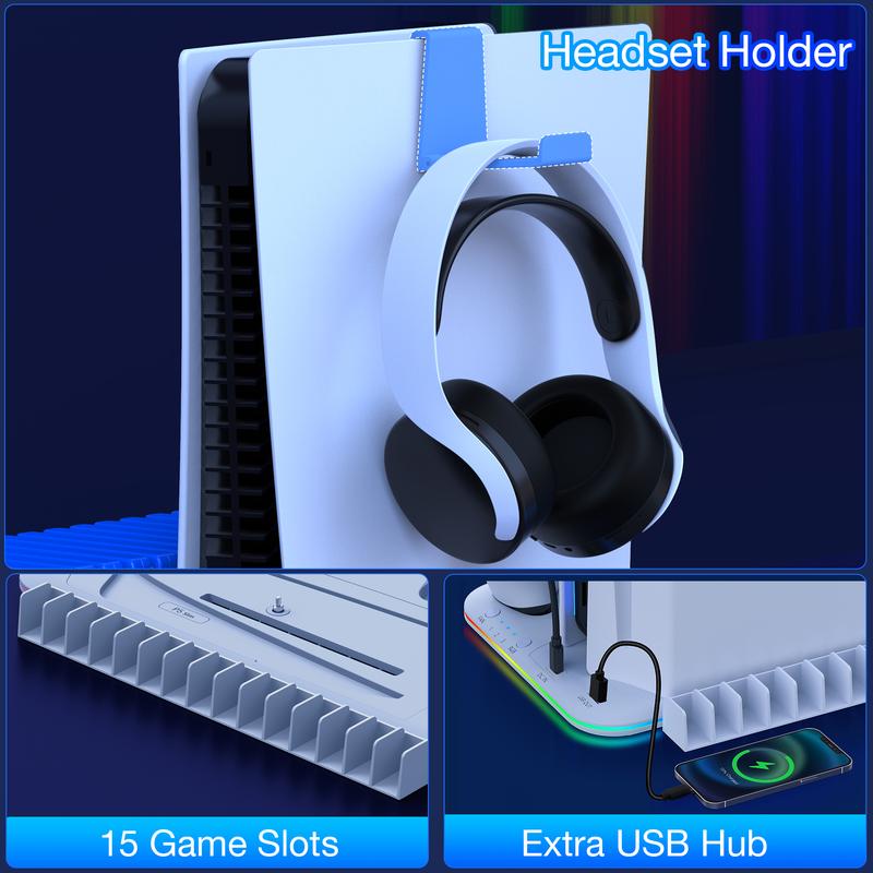 Kydlan PS5 Slim Stand and Turbo Cooling Station with Controller Charging Station for Playsation 5, PS5 Accessories Kits Incl. 3 Levels Cooling Fan, LED Light, 15 Game Slot, Headset Holder for PS5 Digital/Disc
