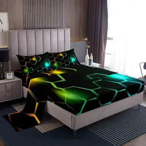 Green and Black Sheet Set,Honeycomb Sheets with Deep Pocket Fitted Sheet,Hexagon Theme Bed Sheets Set,Brethable Orange Luxury Bedding Set