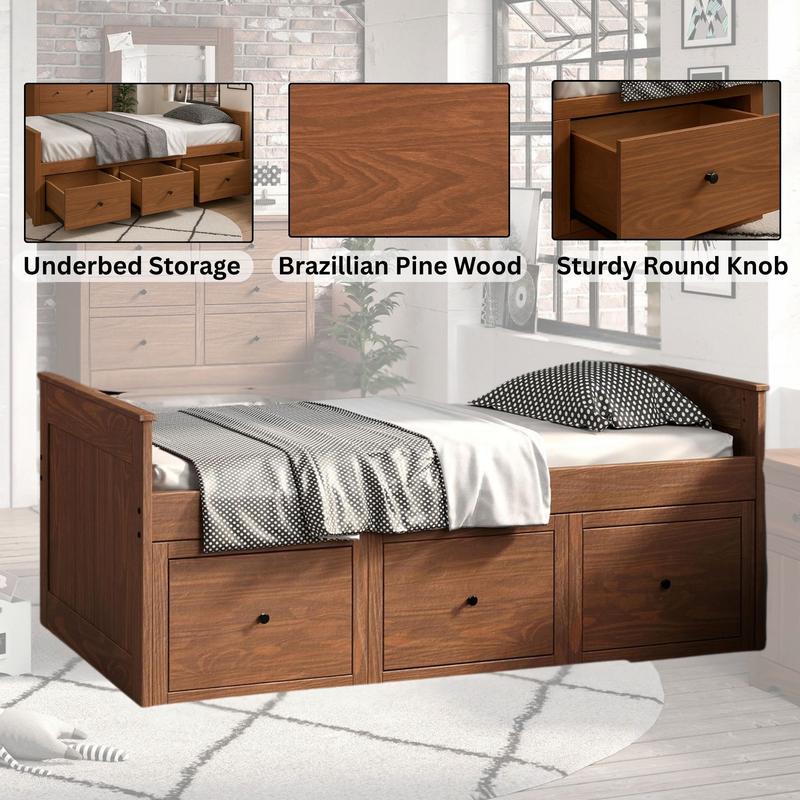 Marinos Rustic Twin Captain Storage Bed with Underbed Drawers By Furniture of America