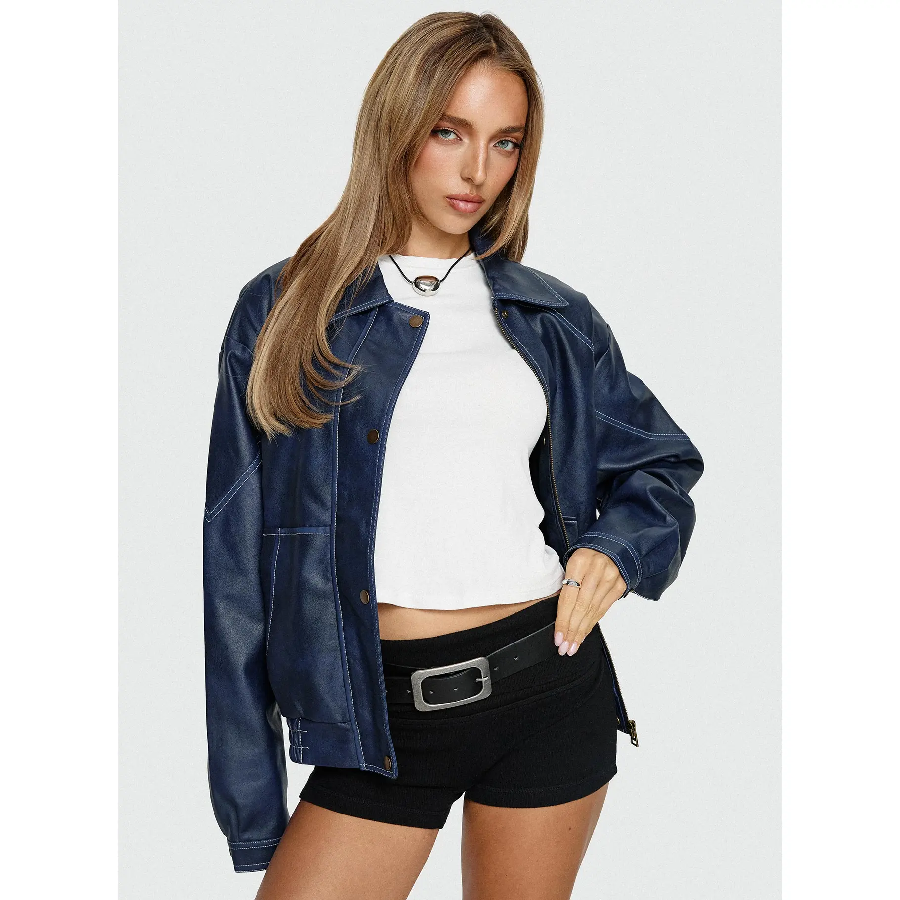 Jaxton Faux Leather Jacket Navy - TikTok Shop