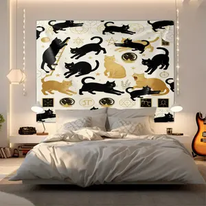 Mystic Tarot Black Cat Astrology Tapestry, Vintage Witchy Wall Decor, Soft Fabric with Nice Draping, Perfect for Gothic Bedroom & Dorm Backdrop