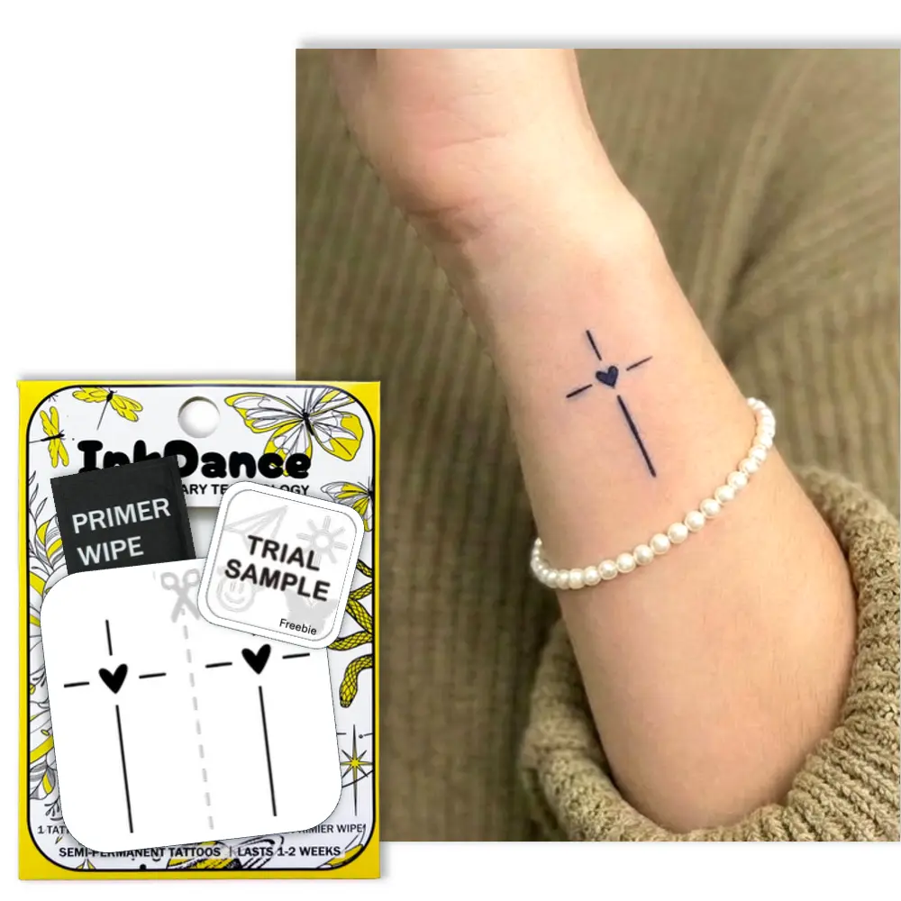 InkDance Semi-Permanent Tattoo, The Faithful Heart Minimalist Cross, Long Lasting Temporary Tattoos, Waterproof Plant-Based Ink, Lasts 1-2 Weeks, Color Develops in 24 Hours MNF196, Set of 2