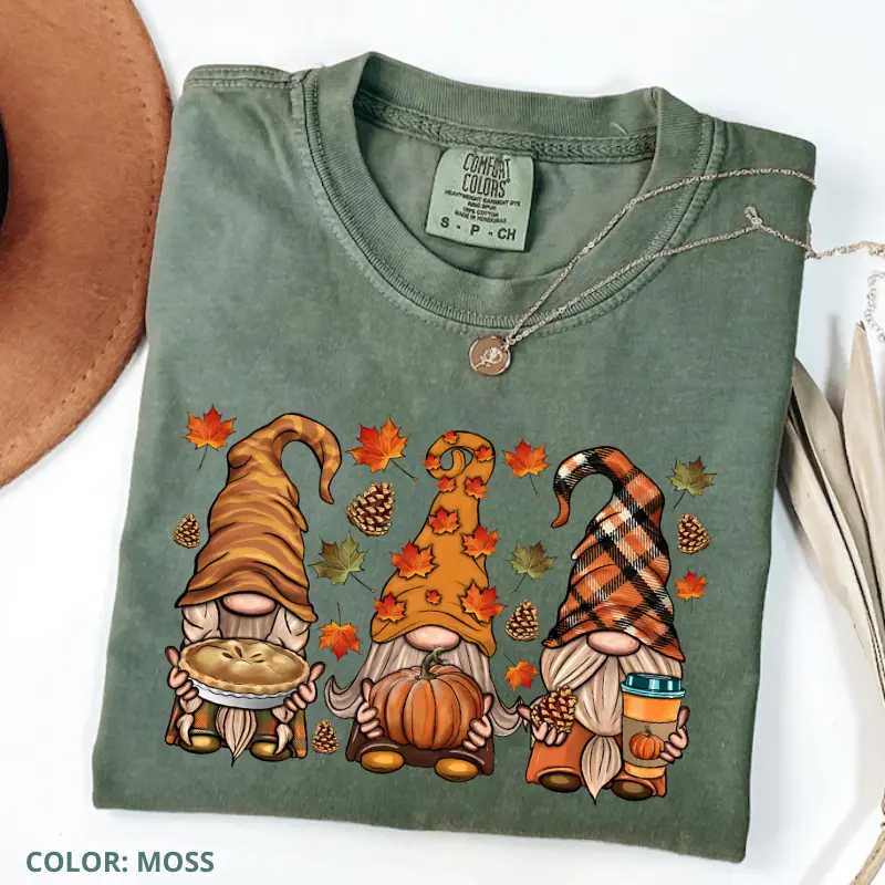 Comfort Colors Fall Gnomes TShirt, Fall Tee, Autumn Shirt, Pumpkin Tee, Thanksgiving Gnome Tee, Autumn Leaves T-Shirt, Women Print Short Sleeve Shirts