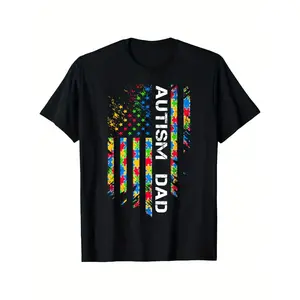🧩💙【100% Cotton】【Graphic T Shirt】Autism Awareness Dad Graphic T-Shirt – American Flag Puzzle Piece Tee, Unisex Soft Cotton Short Sleeve Top, Breathable Casual Wear, Gift for Father’s Day, Family Support & Awareness Shirt