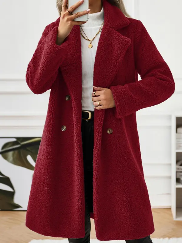 Women's Solid Button Front Lapel Neck Fuzzy Coat, Casual Warm Long Sleeve Coat for Fall & Winter, Women's Clothing for Daily Wear 6