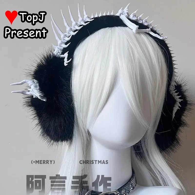 Punk Dark Women Y2K girl Harajuku Gothic Lolita cosplay skeleton cross ear warmer Furry Colored headband Earmuff  Earmuffs