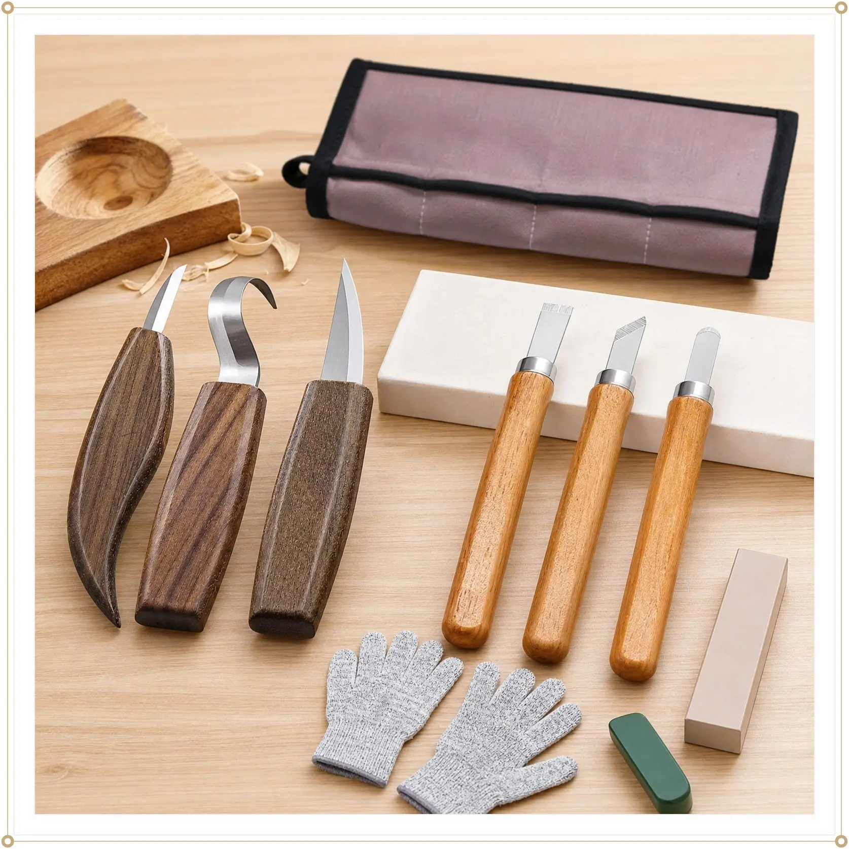 10Pcs Wood Carving Kit,Beginner Set With Resistant Gloves,Spoon & Whittling Knife,Sandpaper for Woodworking,Hand Tools Kits Blade Handle