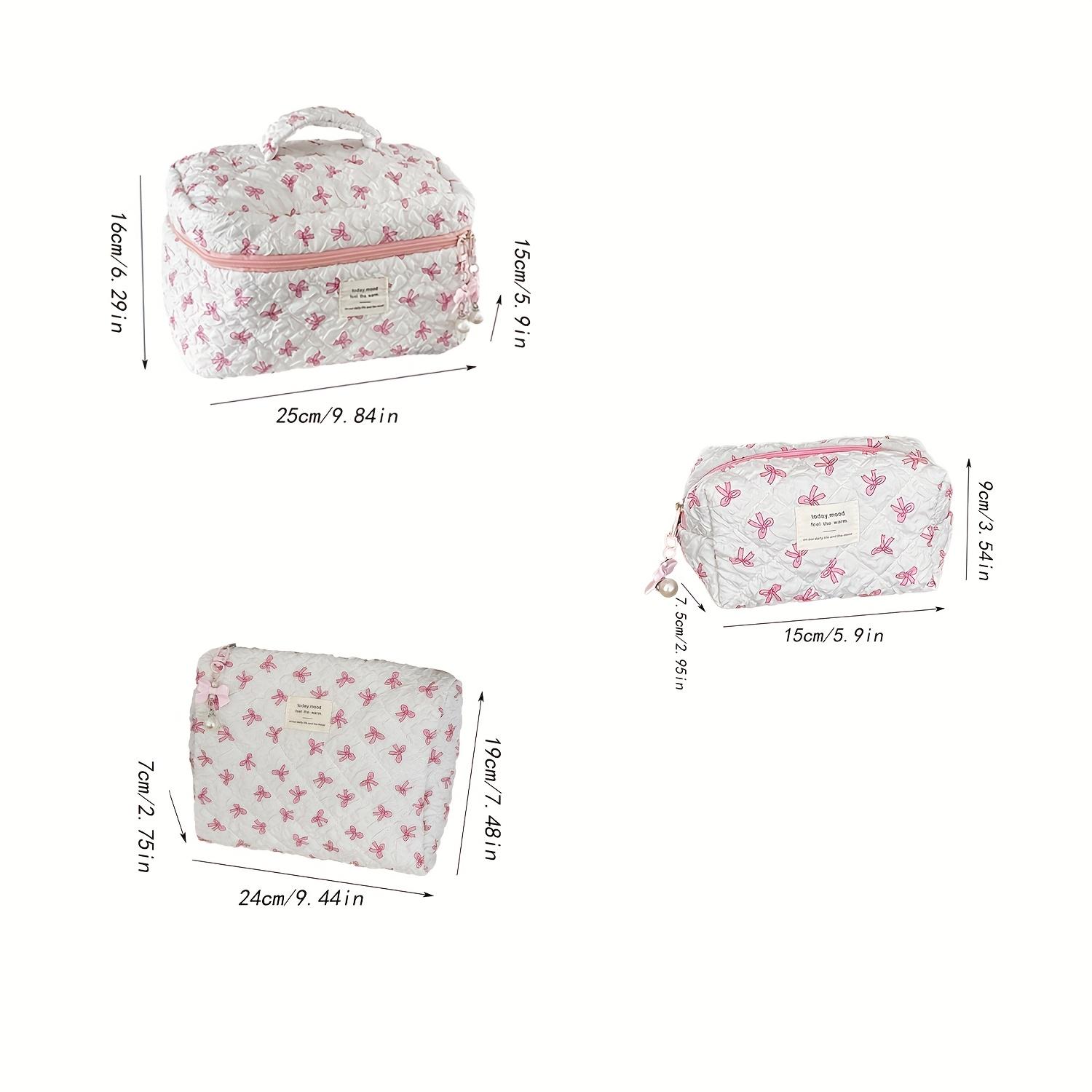 Bow Bubble Quilted Makeup Bag 3-Piece Set – Large Capacity Travel Toiletry Storage Bags, Girly Instagram Style